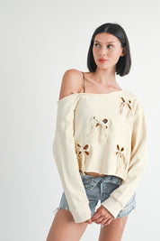 ONE SHOULDER FRENCH TERRY TOP WITH CUTOUT DETAIL IVORY