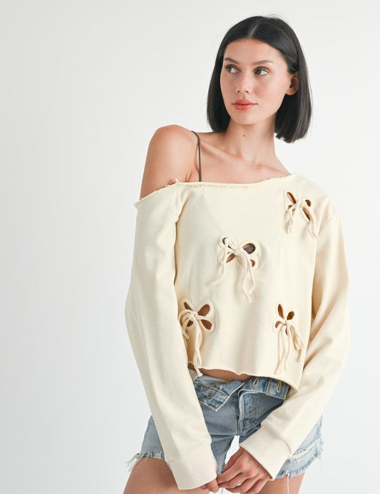 ONE SHOULDER FRENCH TERRY TOP WITH CUTOUT DETAIL IVORY