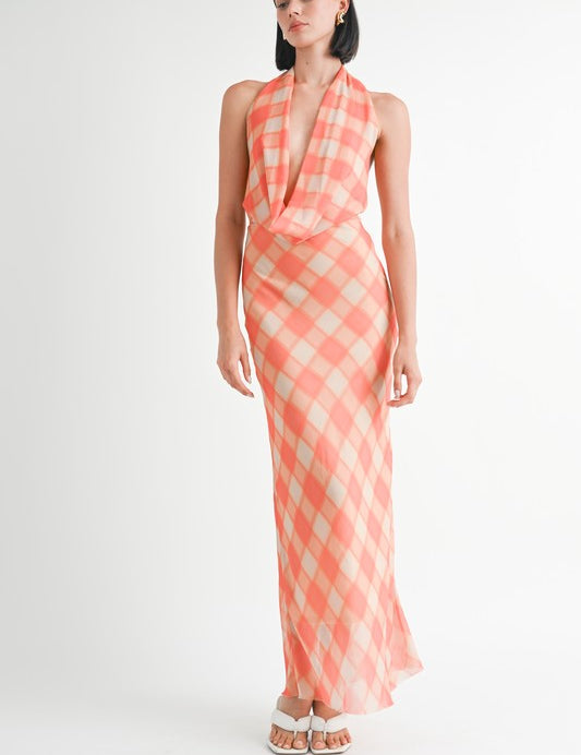 HALTER MAXI SATIN DRESS WITH OPEN BACK ORANGE PLAID