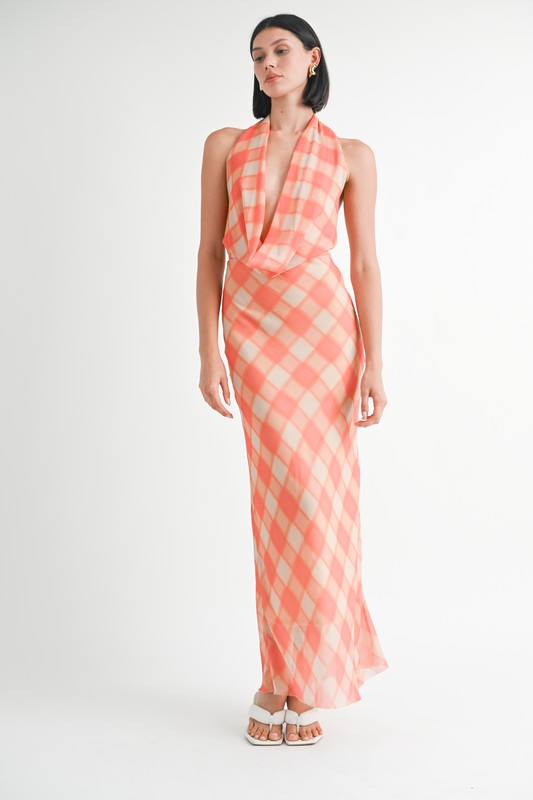 HALTER MAXI SATIN DRESS WITH OPEN BACK ORANGE PLAID