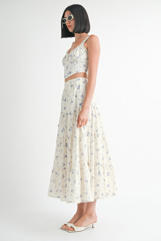 Emory Park Tiered Cotton Blue Floral Maxi Skirt