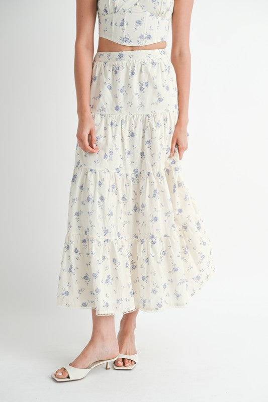 Emory Park Tiered Cotton Blue Floral Maxi Skirt