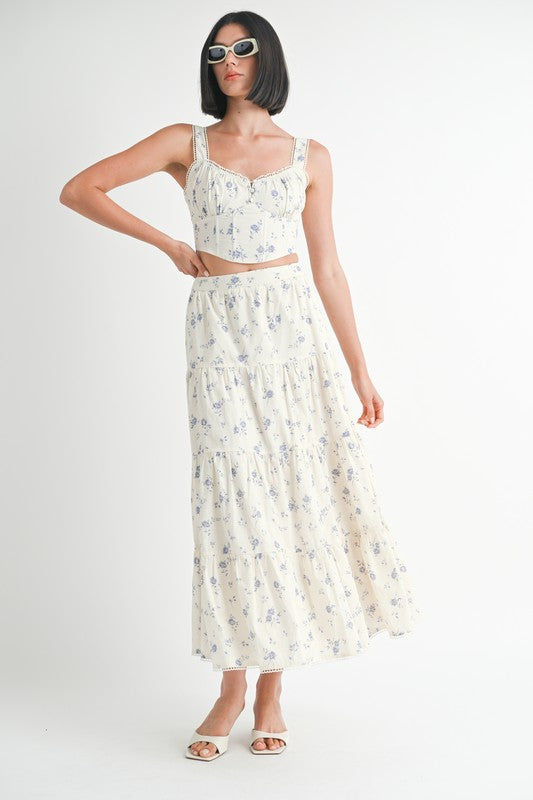 Emory Park Tiered Cotton Blue Floral Maxi Skirt