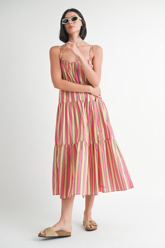 MAXI FLARE SQAURE NECK STRIPE DRESS