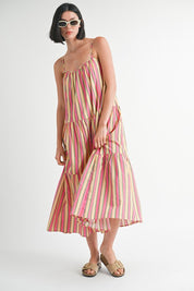 MAXI FLARE SQAURE NECK STRIPE DRESS