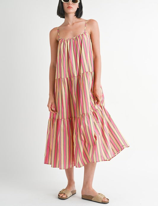 MAXI FLARE SQAURE NECK STRIPE DRESS PINK STRIPE