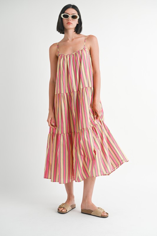 MAXI FLARE SQAURE NECK STRIPE DRESS PINK STRIPE