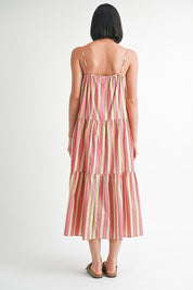 MAXI FLARE SQAURE NECK STRIPE DRESS