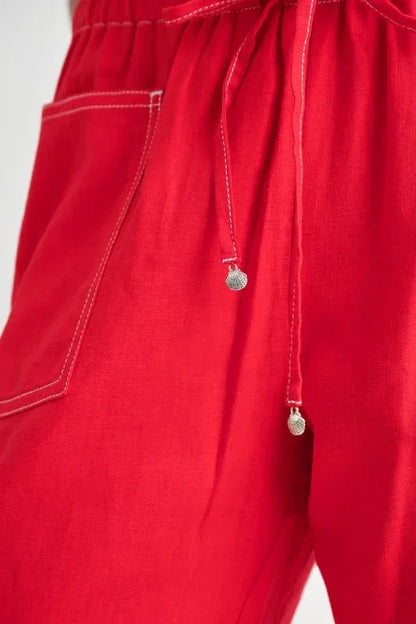 Linen Waist Tie Pants - DAVERRI FASHIONS