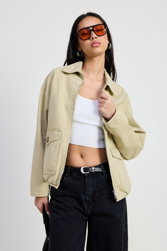 LONG SLEEVE COLLARED DENIM JACKET SAND