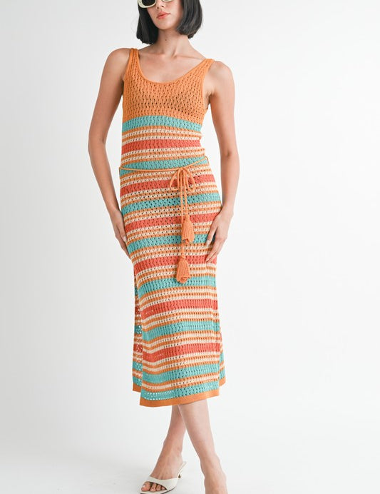 SCOOP NECK CROCHET MAXI DRESS ORANGE MULTI