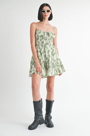 TIERED MINI FLORAL DRESS WITH BACK TIE GREEN FLORAL