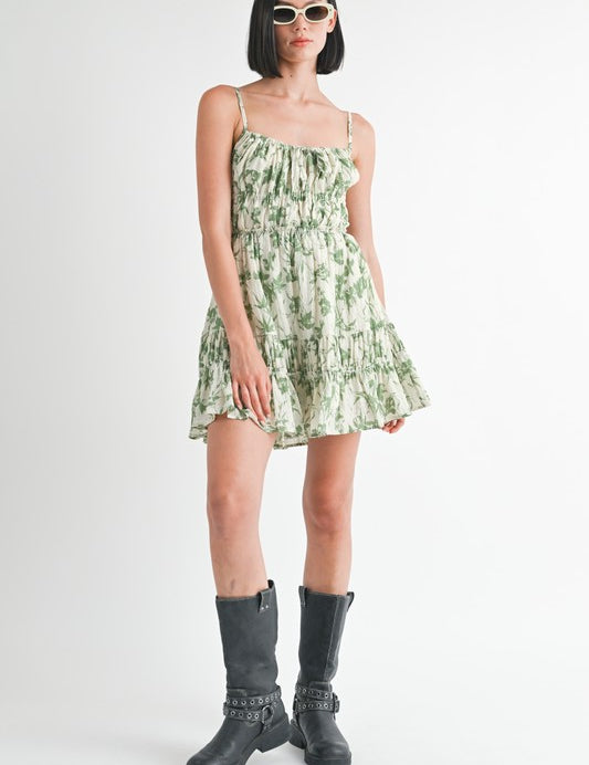 TIERED MINI FLORAL DRESS WITH BACK TIE GREEN FLORAL