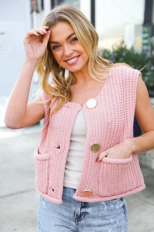 Classy Chic Gold Button Down Chunky Sweater Vest | Daverri Fashions