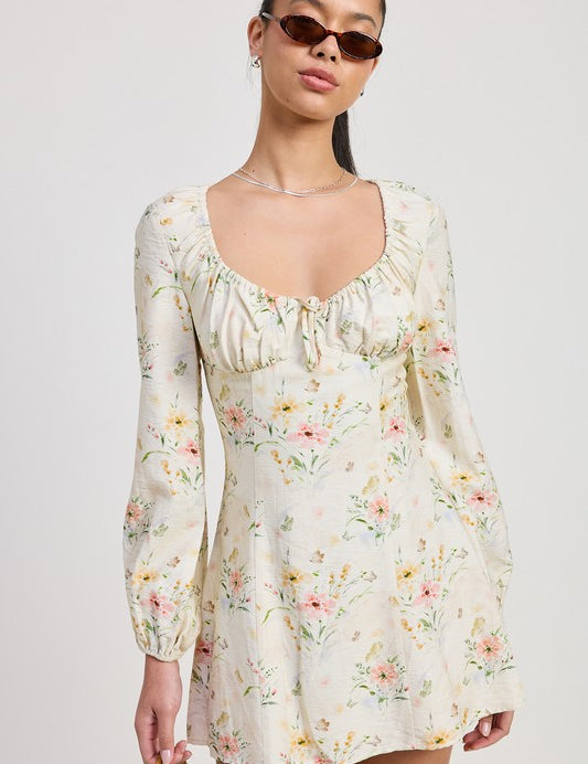 MINI LONG SLEEVE FLORAL DRESS LT YELLOW FLORAL