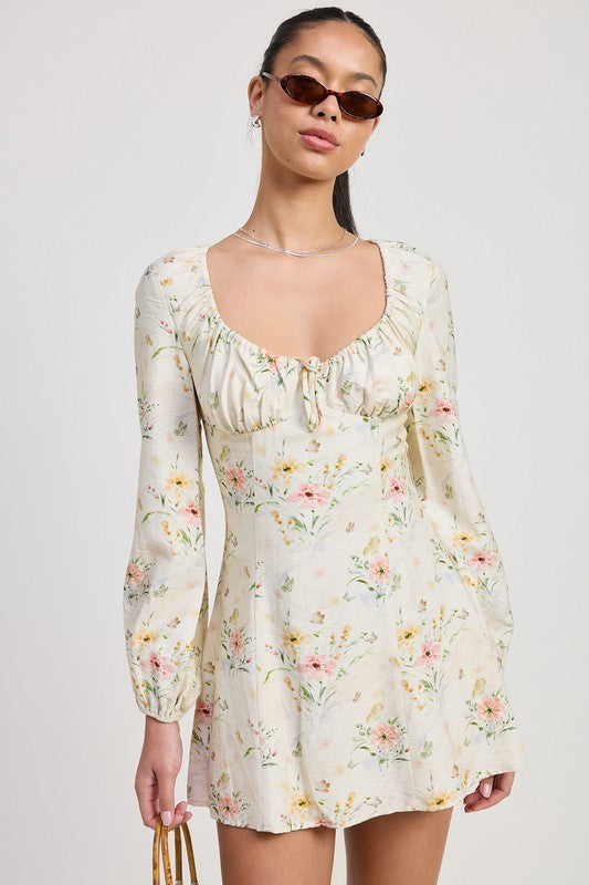 MINI LONG SLEEVE FLORAL DRESS LT YELLOW FLORAL