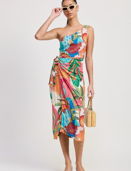 ONE SHOULDER WRAPPED MIDI DRESS TANGERINE TEAL PRINT