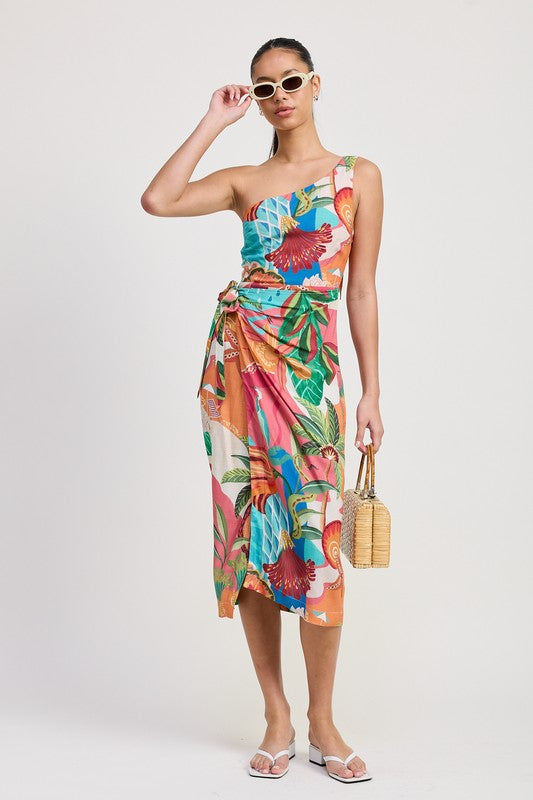 ONE SHOULDER WRAPPED MIDI DRESS TANGERINE TEAL PRINT Mid Dresses