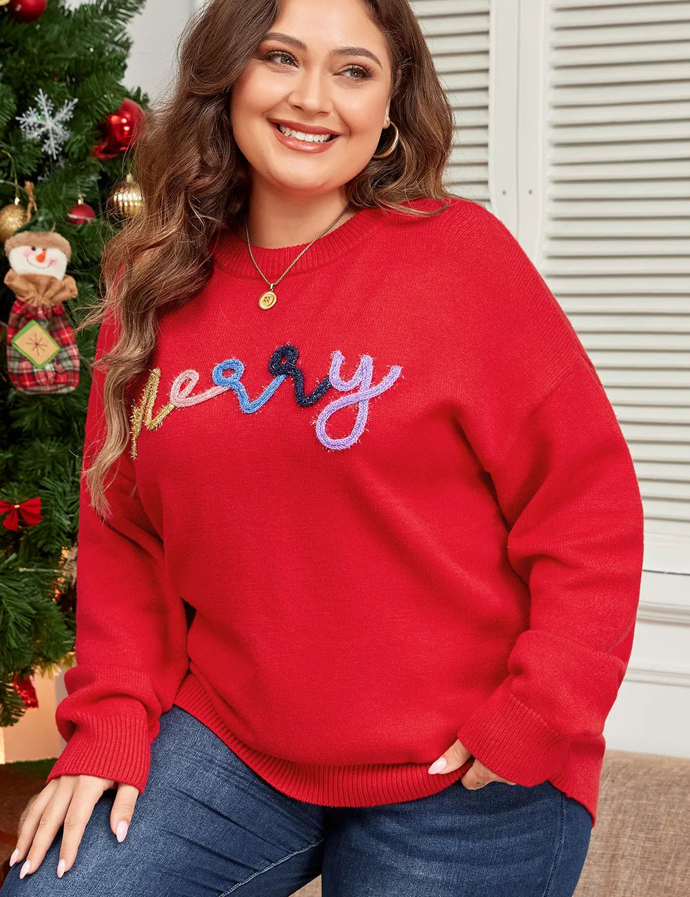 Deep Red Plus Size MERRY Round Neck Long Sleeve Sweater | Sweaters Daverri Fashions