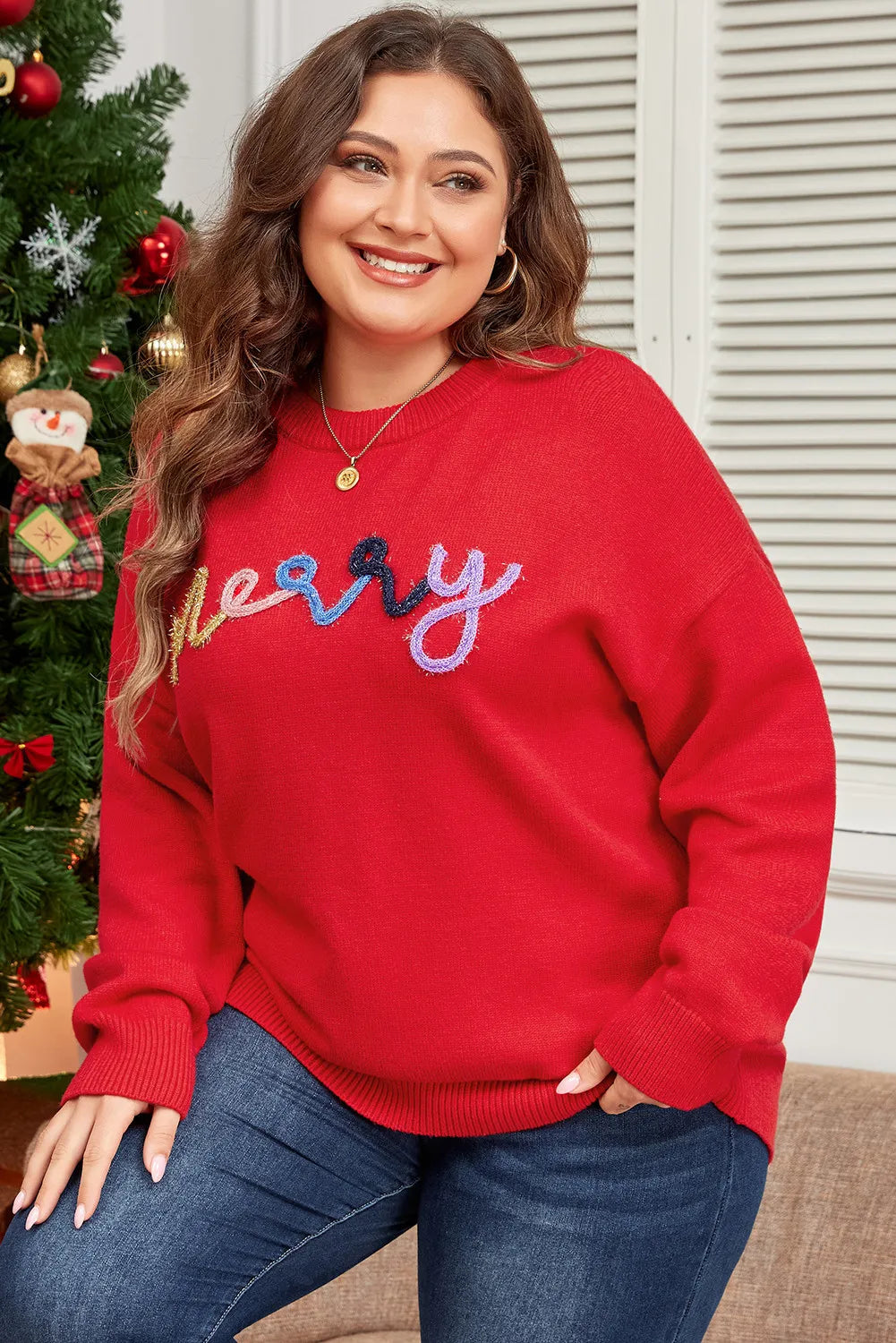 Deep Red Plus Size MERRY Round Neck Long Sleeve Sweater | Sweaters Daverri Fashions