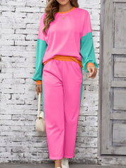 Color Block Round Neck Top and Pants Set | Loungewear Sets Daverri Fashions