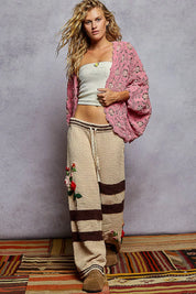 POL Openwork V-Neck Chenille Cardigan with Contrast Floral | Cardigans Daverri Fashions