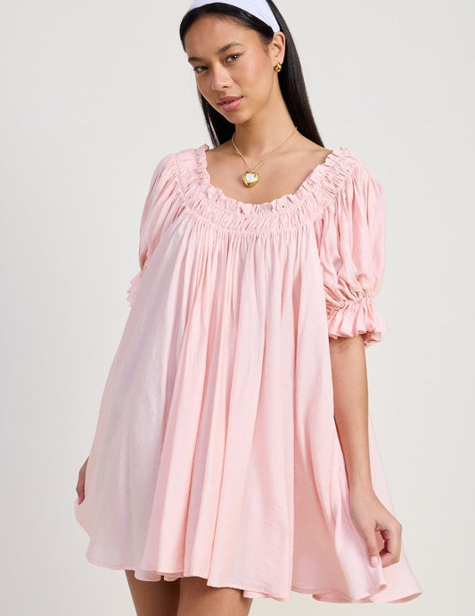 Emory Park Embroidered Puff Sleeve Mini Babydoll Dress BABY PINK Mini Dresses