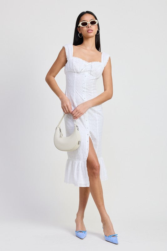 SQAURE NECK MIDI CAP SLEEVE DRESS WHITE Midi Dresses