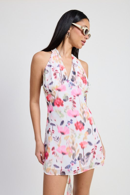 MINI HALTER NECK FLORAL DRESS Mini Dresses