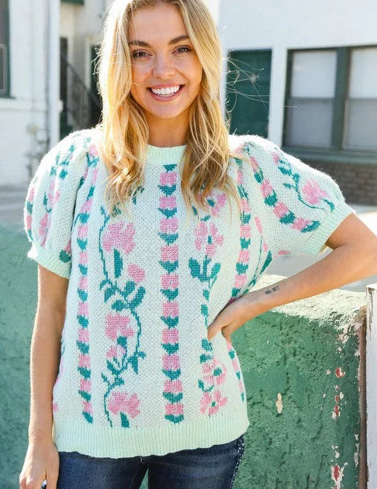 All For Love Mint Jacquard Floral Bubble Sleeve Sweater Top | Daverri Fashions