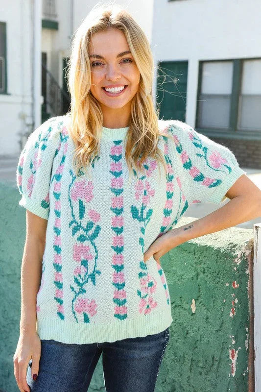 All For Love Mint Jacquard Floral Bubble Sleeve Sweater Top | Daverri Fashions