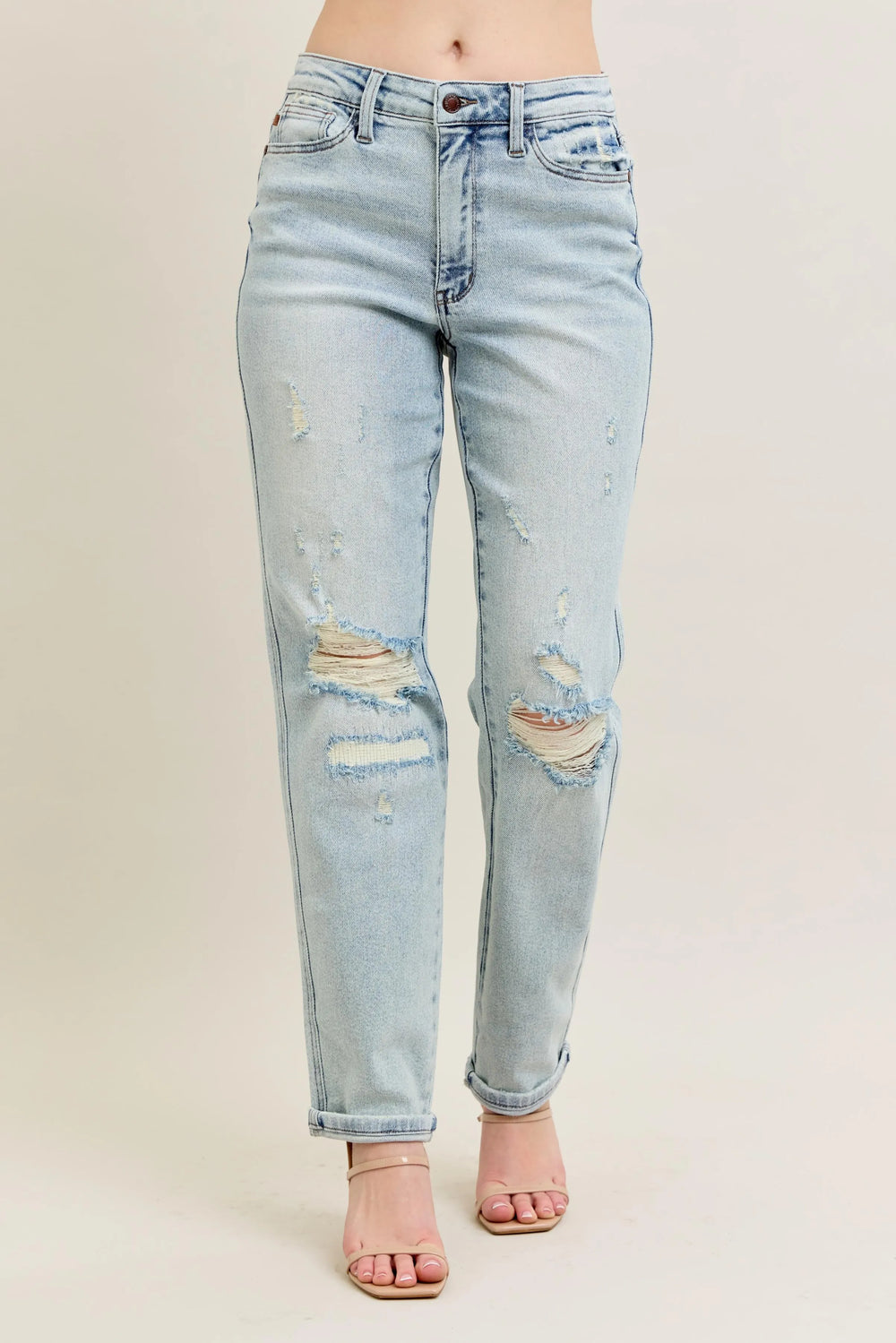 Judy Blue Full Size Mr Repair Stitch Detail Destroy Single Cuff Bf Jeans Plus Size | Jeans Daverri Fashions