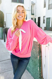 Pretty In Pink French Terry Bow Tie Drop Shoulder Pullover | Daverri Fashions