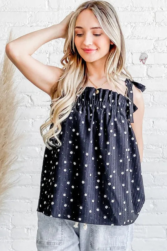 And The Why Daisy Polka Dot Print Ruffle Tank Top BLACK