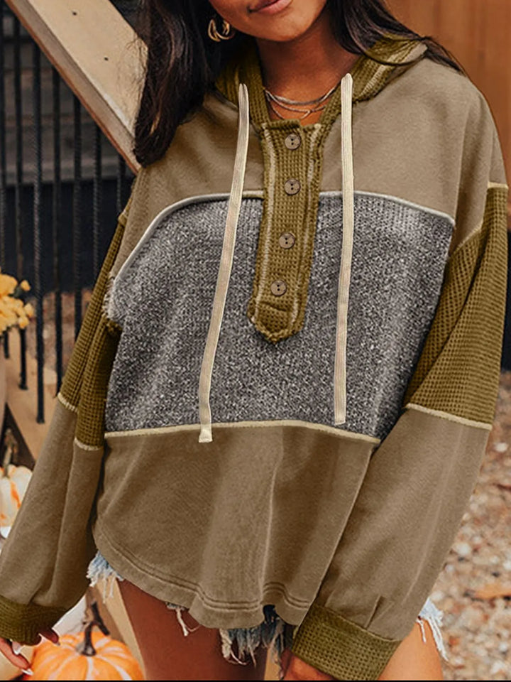 Olive Mixed Texture Patchwork Exposed Seam Half Button Hoodie | Hoodies Daverri Fashions