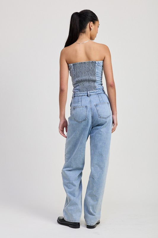 Emory Park Strapless Denim Jumpsuit Jumpsuits