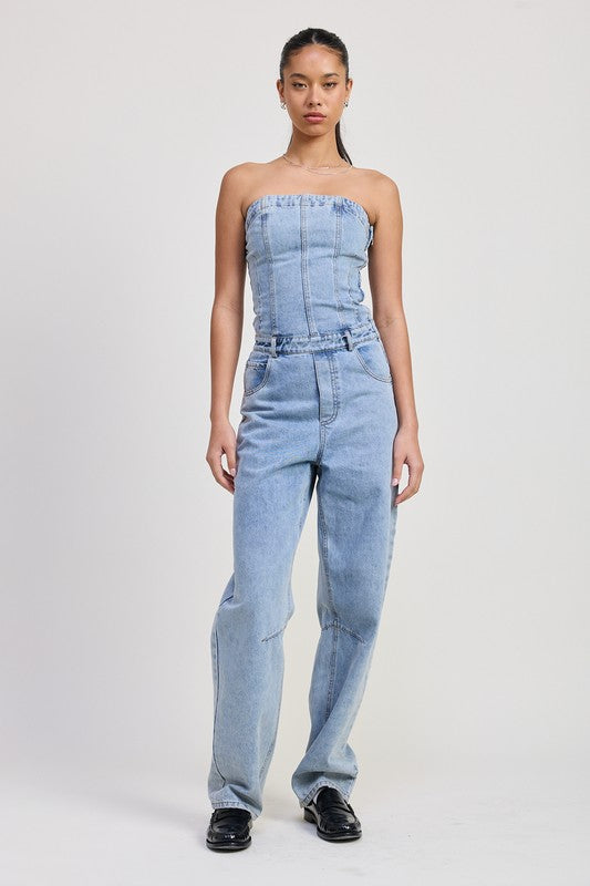 Emory Park Strapless Denim Jumpsuit Jumpsuits