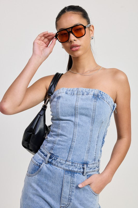 Emory Park Strapless Denim Jumpsuit Jumpsuits