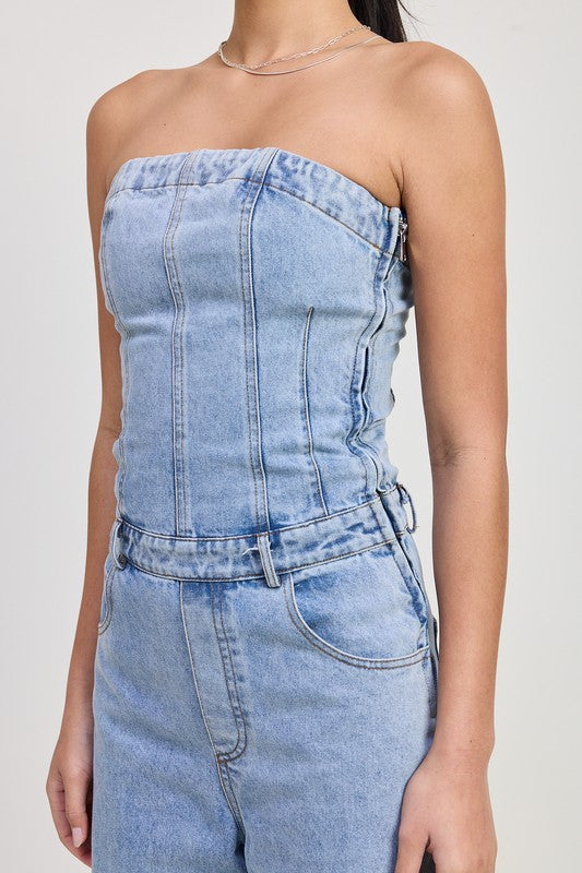 Emory Park Strapless Denim Jumpsuit Jumpsuits