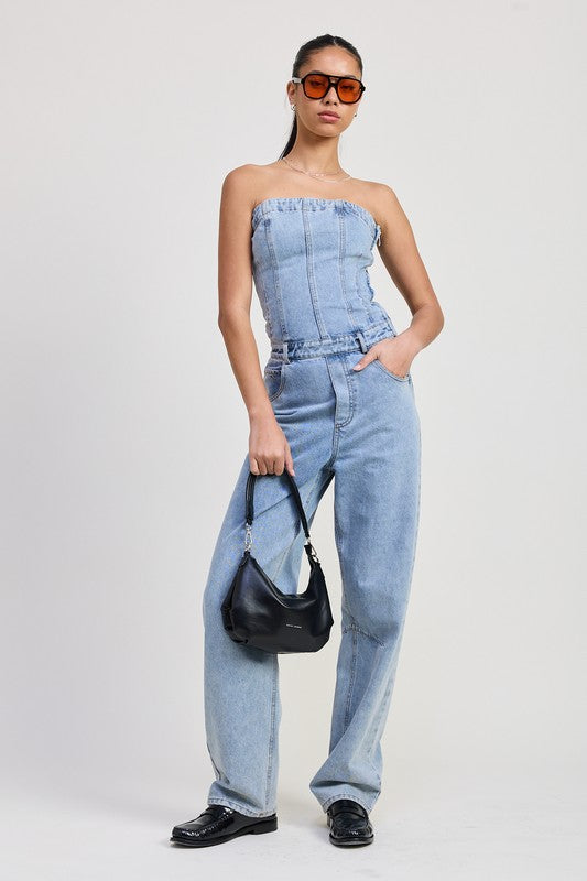 Emory Park Strapless Denim Jumpsuit Jumpsuits