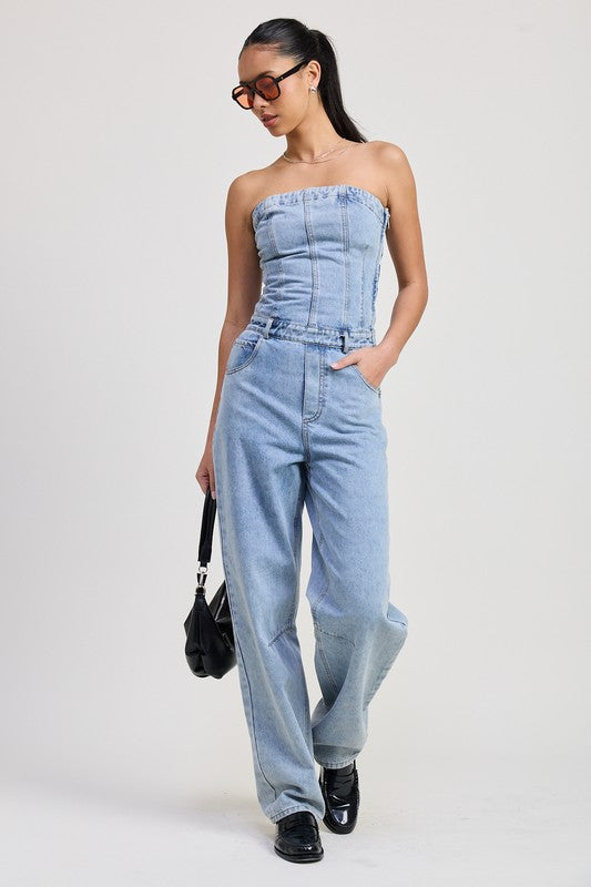 Emory Park Strapless Denim Jumpsuit LT DENIM Jumpsuits