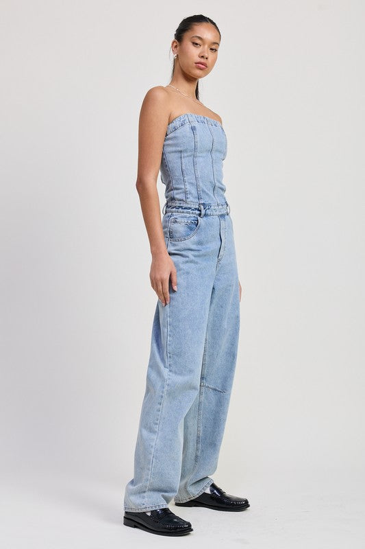 Emory Park Strapless Denim Jumpsuit Jumpsuits