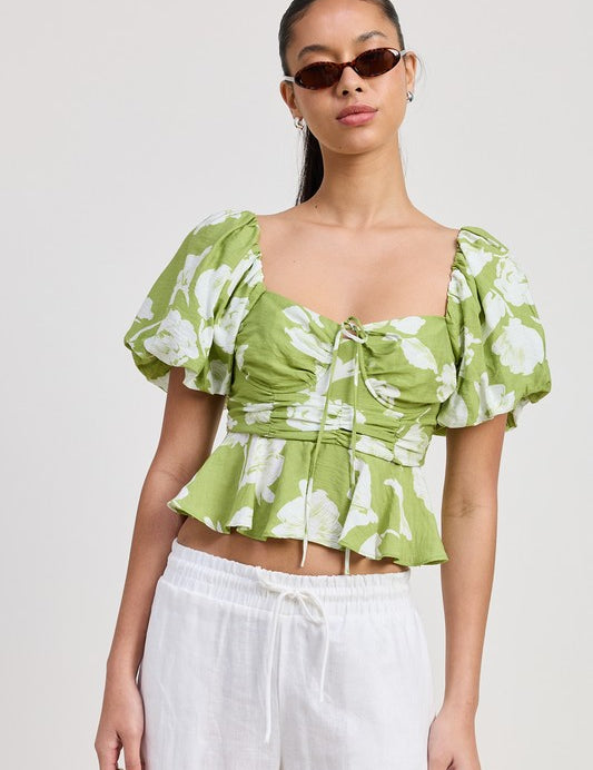 SHORT PUFF SLEEVE FLORAL BLOUSE AVOCADO