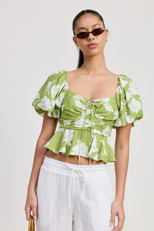 SHORT PUFF SLEEVE FLORAL BLOUSE AVOCADO Blouses