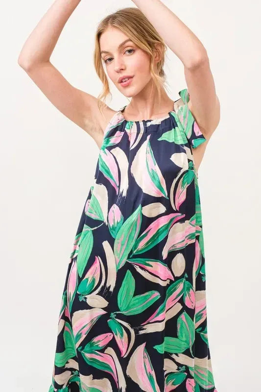 And The Why Botanical Printed Halterneck Tiered Maxi Dress - DAVERRI FASHIONS