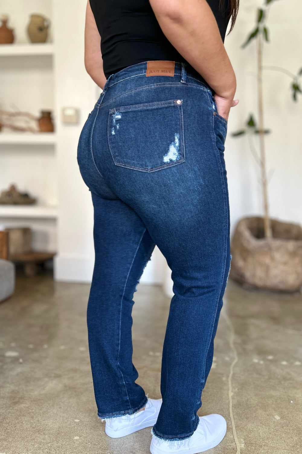 Judy Blue Full Size High Waist Rigid Magic Heavy Destroy Straight Jeans | Daverri Fashions