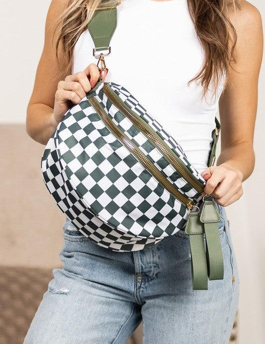 Eucalyptus Check OneSize Frankie Oversize Double Zip Print Crescent Sling | Daverri Fashions