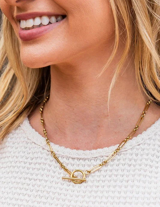 18K stainless steel toggle chain necklace with gold interlocking rings and beads