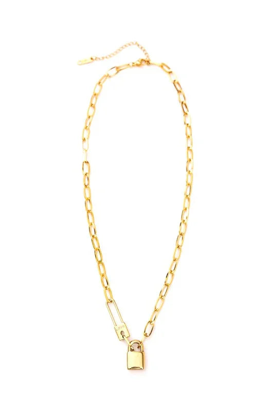 18K stainless steel lock and clip chain necklace with gold padlock charm