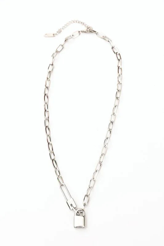 18K stainless steel lock and clip chain necklace with silver padlock charm